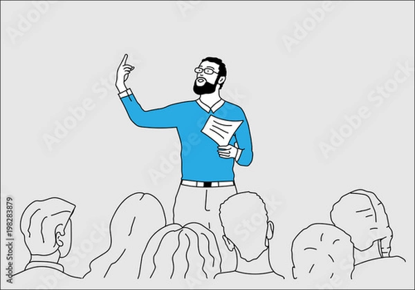 Fototapeta Speaker giving a talk to audience in the conference hall. Outline, thin line art, linear, doodle, cartoon, hand drawn sketch design.