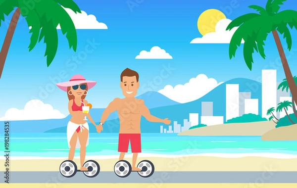 Fototapeta happy couple riding on hoverboard on the beach