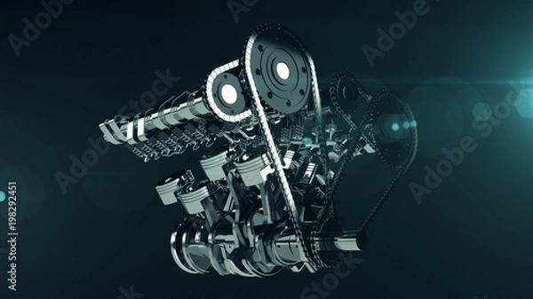 Obraz 3D shot of a working V8 engine with lens flare effect. Pistons, camshaft, valves and other mechanical parts are in motion.