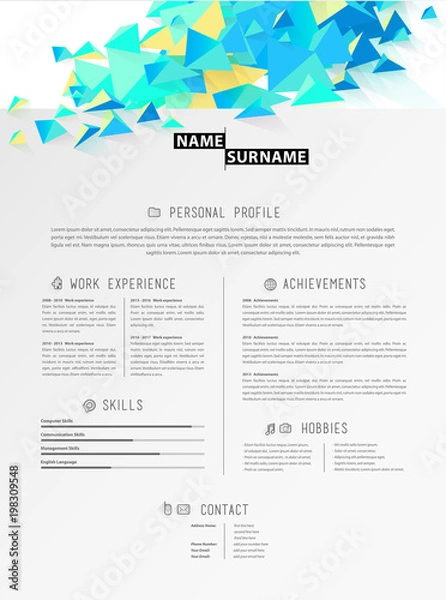 Obraz Creative simple cv template with polygonal triangle shapes.