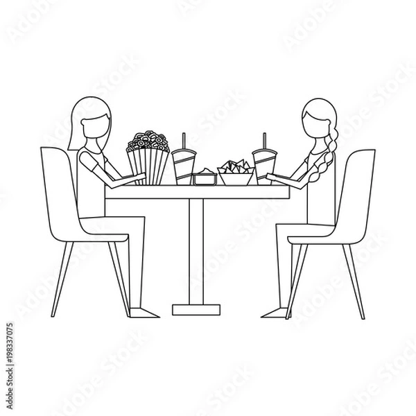 Fototapeta couple eating pop corn and soda in table vector illustration design