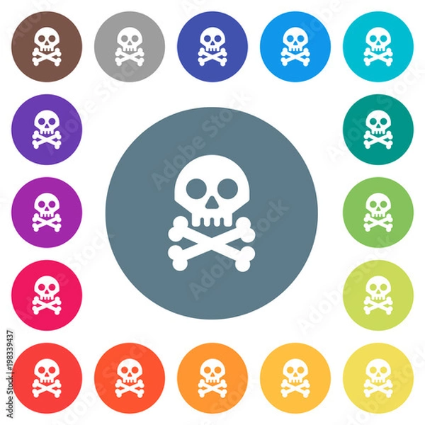 Obraz Skull with bones flat white icons on round color backgrounds