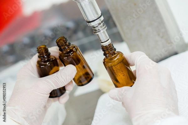 Fototapeta Close up of female lab worker hand with gloves filling the bottle with syrup