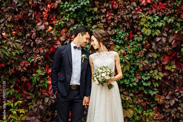 Obraz groom and bride posing in front ol old brick wall with ivy