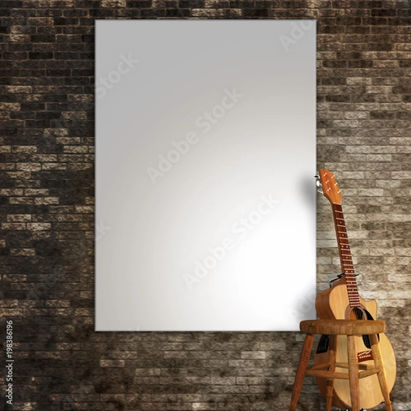 Fototapeta 3D renderowanie pustego płótna na ścianie z gitarą i stołkiem
