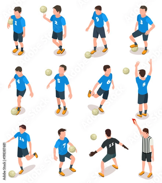 Fototapeta Set of isometric soccer players and referee icons isolated on white. Football team in action, goalkeeper catches the ball. Vector illustration