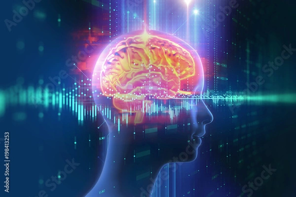 Obraz 3d rendering ludzki mózg na technologii tle