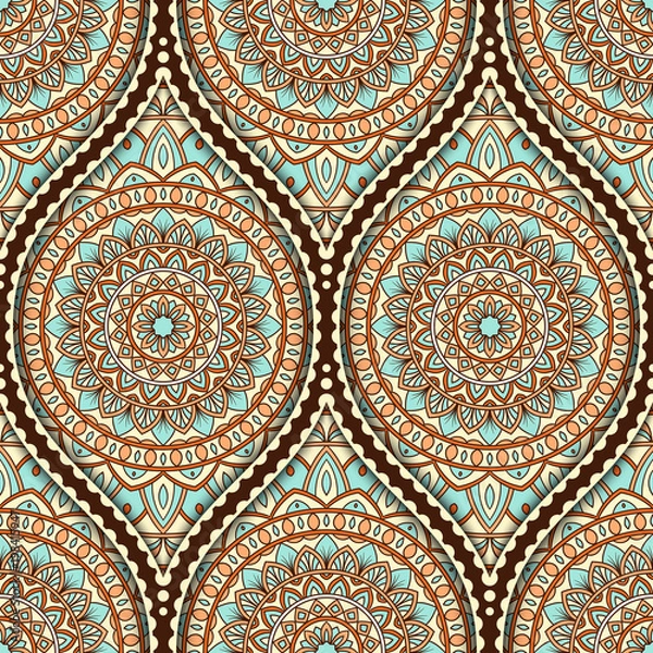Fototapeta Seamless pattern with ethnic mandala ornament. Hand drawn vector illustration
