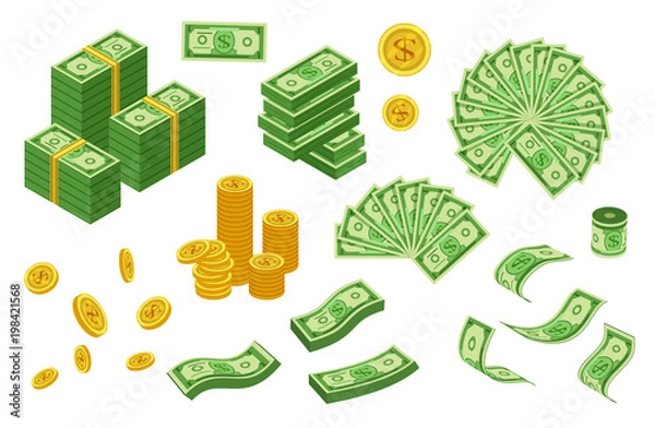 Fototapeta Сollection of dollar coins and bills. Signs and symbols of the American dollar banknotes bundles vector illustration