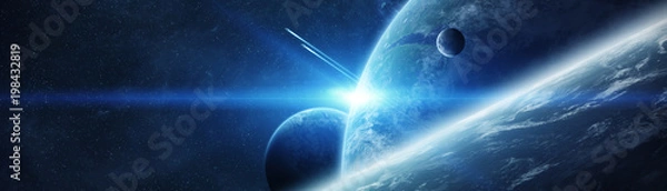 Fototapeta Panoramiczny widok planet w odległym układie słonecznym 3D Elementy renderowania tego obrazu dostarczone przez NASA