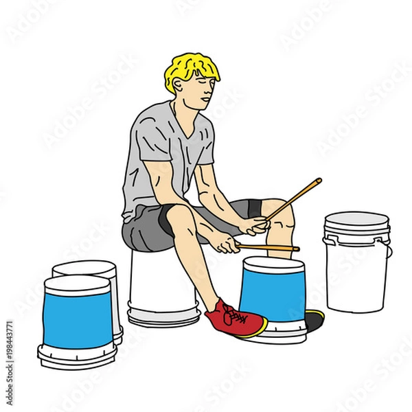 Fototapeta A young man is drumming on plastic buckets on the street. Vector illustration.