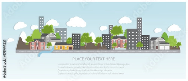 Fototapeta Flat design urban landscape illustration. Cityscape Banner with traditional and modern houses, mountains and trees.