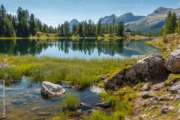 Fototapeta Lago di Federa wunderschöner Bergsee in der Nähe von Cortina d’Ampezzo_003