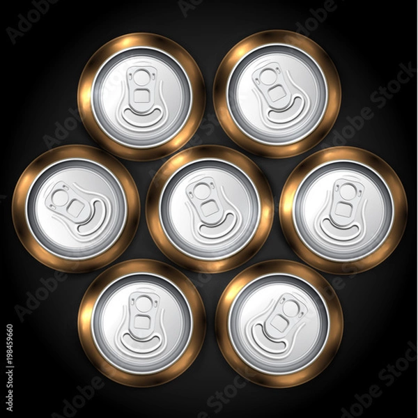Obraz Realistic pack of 7 beer or soda can from the top, vector illustration