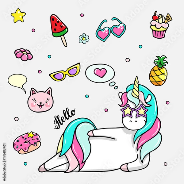 Obraz Set of hand drawn illustrations of a magic unicorn and different party attributes