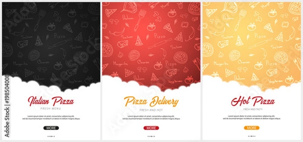 Obraz Zestaw menu żywności pizzy dla restauracji i kawiarni. Plakat z ręcznie rysowanymi elementami graficznymi w stylu doodle. Ilustracji wektorowych