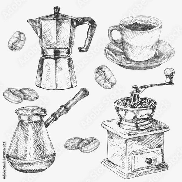 Obraz Hand drawn coffee collection. Cup, coffee maker, coffee grain, coffee grinder