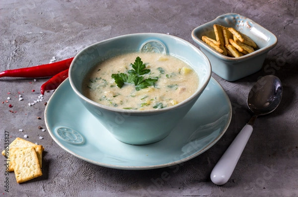 Fototapeta Chicken and potato chowder soup with green in bowl