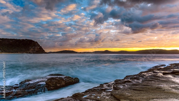 Fototapeta Sunrise Seascape with Cloud and Rock Ledge
