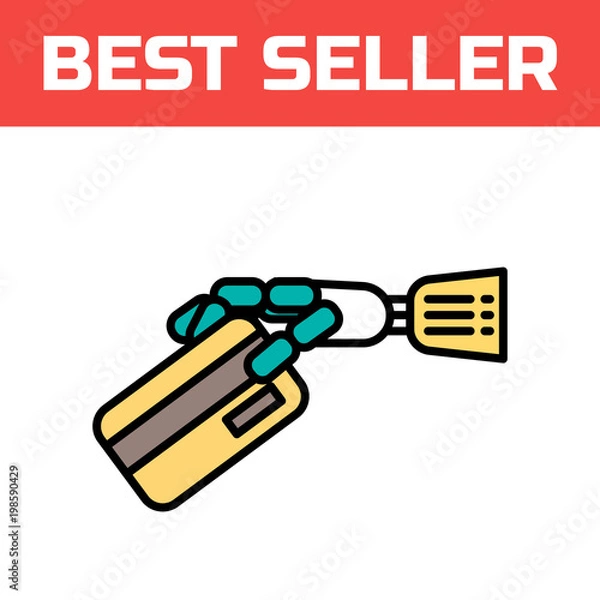 Fototapeta Robotic hand with a bank card icon. Cyber glove for virtual reality. Innovative digital input device. Modern style logo concept. Cyborg thin line vector illustration.