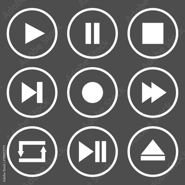 Fototapeta Media player control buttons. Play, pause, stop, record, forward, rewind, previous, next, eject, repeat  icon. Vector.