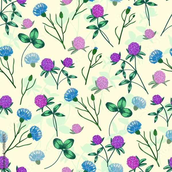 Fototapeta Seamless vector floral pattern. Floral background of flowering clover and cornflowers with plant shadows in the background.