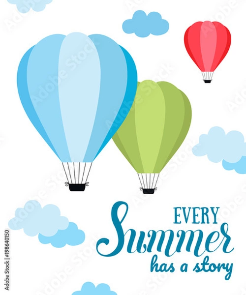 Fototapeta Summer vector cards with hot air balloon in the sky with clouds