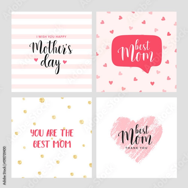 Fototapeta Vector set of square cards for Mother's day. Pink hand drawn heart. Vector illustration. Vector card, badge for Mother's day. Love Mom concept. Happy Mother's day. 