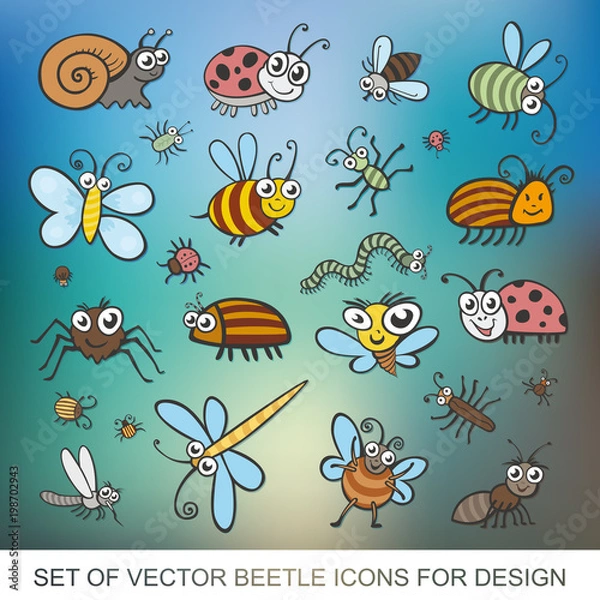 Fototapeta Set funny insects. Isolated on white background. Wasp, bee, bumblebee, butterfly, worm, caterpillar, beetle, ladybug, grasshopper, fly, mosquito, dragonfly, spider. flat vector icon