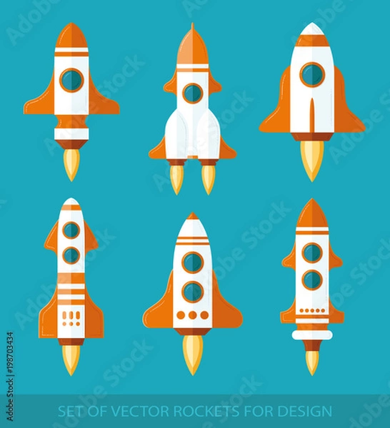 Fototapeta Set of rockets. Space ship start-up. Graphic elements for design. Vector icon set. flat illustration.