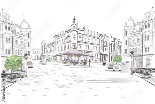 Obraz Seria widoków ulicznych na starym mieście. Ręcznie rysowane tło architektoniczne wektorowe z historycznymi budynkami.