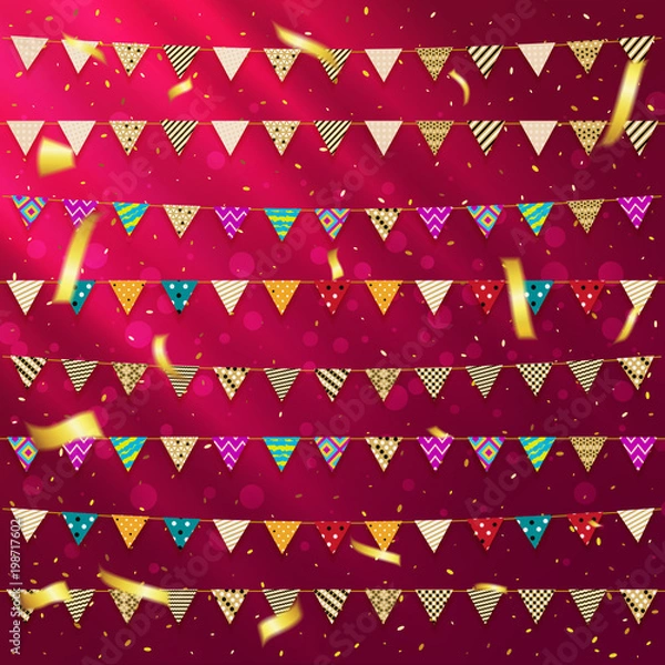 Fototapeta Vector set, garland flags with patterns, against a backdrop of glare and serpentine, for your projects.