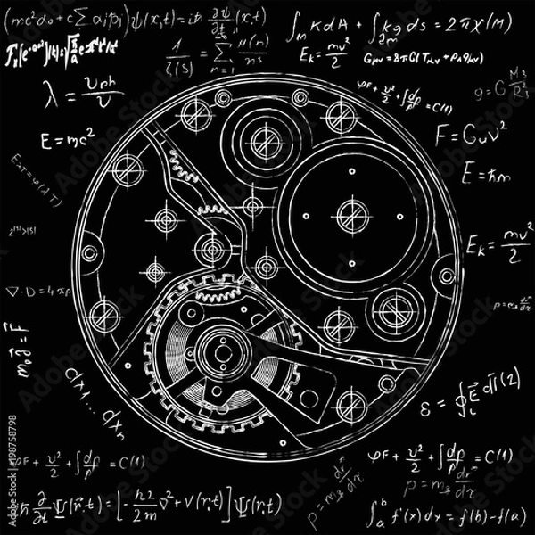 Obraz Mechanical watches plan with gears. Drawing of the internal device. It can be used as an example of harmonious interaction of complex systems, technical, engineering and scientific research, high-tech