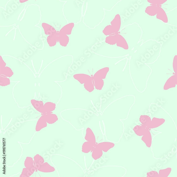 Fototapeta Summer seamless pattern with pink and white silhouettes of butterflies. Vector.