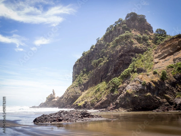Fototapeta Beautiful Lion Rock on Piha Beach near Auckland in the North Island of New Zealand