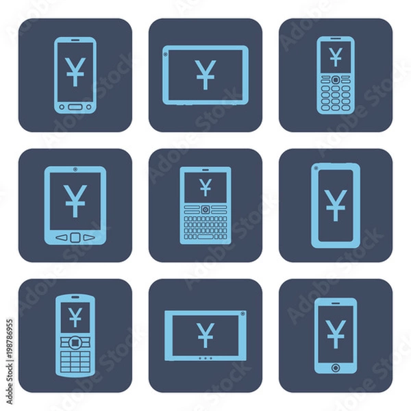 Obraz Set of icons - mobile devices with yen or yuan symbols on screens