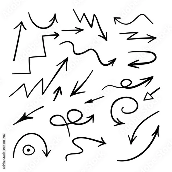 Fototapeta Set of black hand drawn arrows isolated on white background. Vector graphic abstract element.