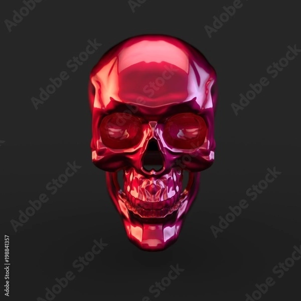 Fototapeta Pink glossy skull with light reflections isolated on black background