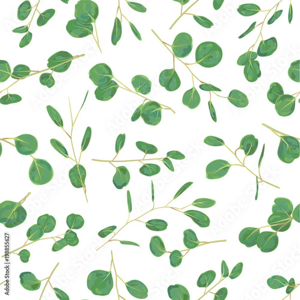 Obraz Watercolor green floral seamless pattern with eucalyptus round leaves. Hand painted pattern with branches and leaves of silver dollar eucalyptus isolated on white background