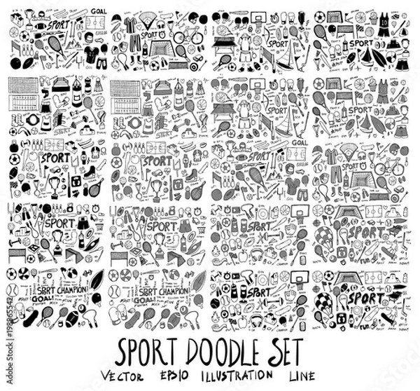 Fototapeta Hand drawn doodle vector line Sport element icon set on White background eps10