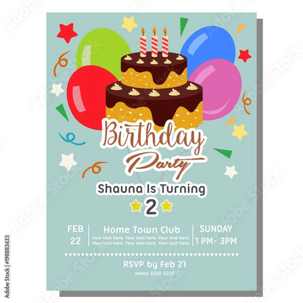 Fototapeta birthday party invitation card in flat style with tower cake