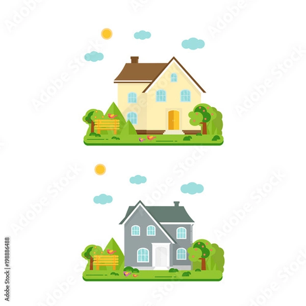 Fototapeta Abstract spring background with cozy home, house, cottage, with trees, flowers, bench