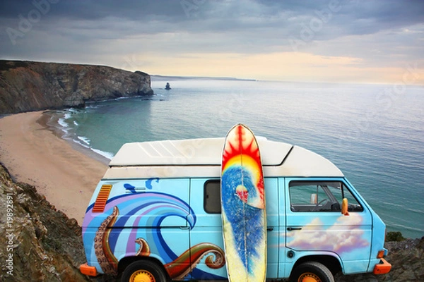 Obraz Van and surf board at a beach