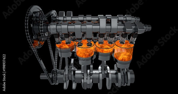 Fototapeta 3d model of a working V8 engine with explosions. Pistons and other mechanical parts are in motion.