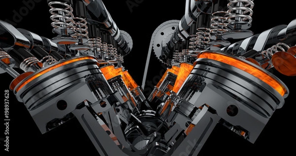 Fototapeta CG model of a working V8 engine with explosions. Pistons and other mechanical parts are in motion.