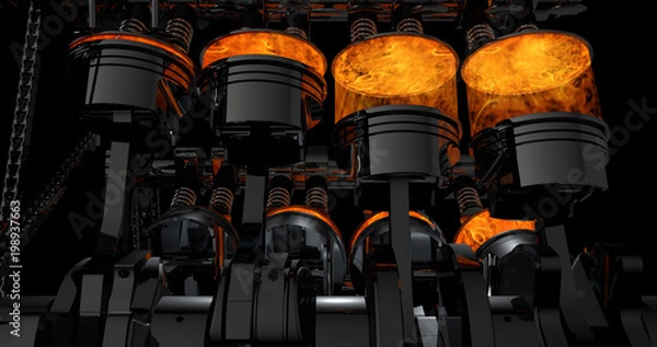 Fototapeta 3d model of a working V8 engine with explosions. Pistons and other mechanical parts are in motion.