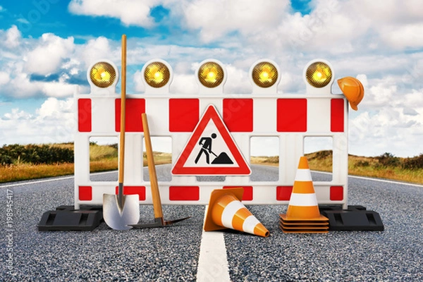 Obraz Plac budowy, barykada, zamknięcie drogi z łopatą, kilofem, znak placu budowy, pylony i kask ochronny na ulicy