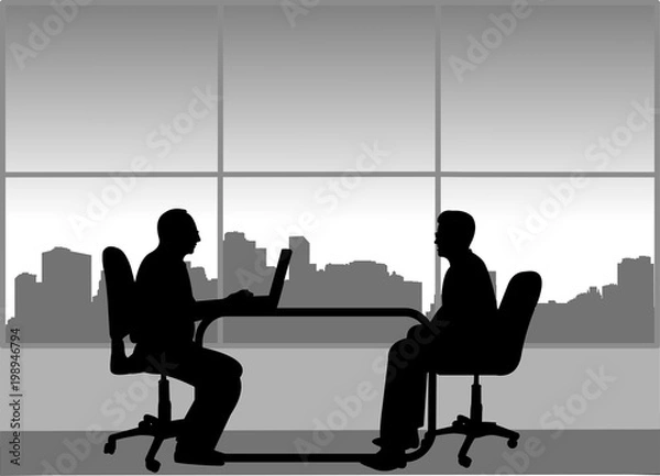 Fototapeta Job interview between the unemployed and businessman in the office, one in the series of similar images silhouette