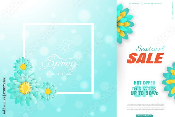 Fototapeta Vector promotional poster of Spring Seasonal Sale on the gradient blue background with white frame, glow and turquoise flowers.