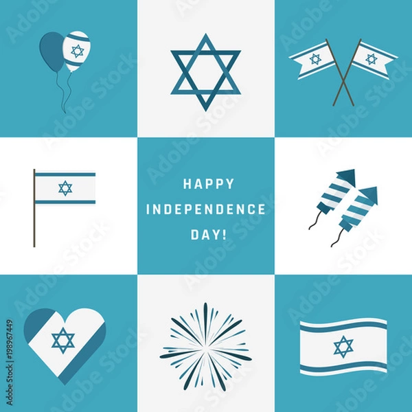 Obraz Israel Independence Day holiday flat design icons set with text in english